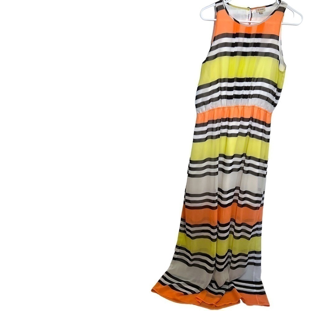 Cremieux Women's Sz Small Sleeveless Maxi Dress White Coral Yellow Black Stripes